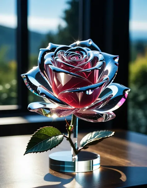 extremely detailed 32k UHD RAW photo depicting a (crystal rose sculpture:1.6), (transparent petals:1.3) enhanced with silver,(entirely made of crystal:1.3), showcasing a multifaceted (translucent crystal rose:1.3) with a prismatic effect as light passes th...