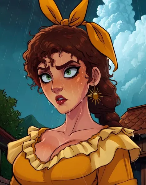 pepa,green eyes,brown hair,braid,
yellow dress,earrings,hair bow,cleavage,
standing,upper body,serious,from below,
village,night,rain,cloud above head,wet,
(insanely detailed, beautiful detailed face, masterpiece, best quality),<lora:pepaENC:0.8>,
