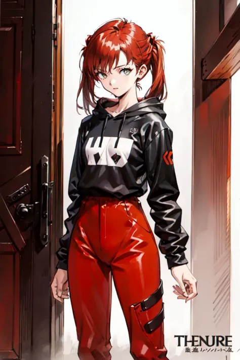 <lora:Sadamoto_Yoshiyuki_style_v01:1> cowboy shot,, ultra detailed, masterpiece, best quality, aesthetic, detailed,, solo, 1girl, red hair, (orange eyes:0.5), (amber eyes:1.3), swept bangs, parted bangs, medium hair, small breasts, <lora:Tsurime3:1>, (tsur...