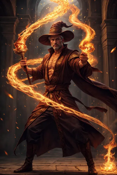 a man in a hat and cloak holding a fire staff