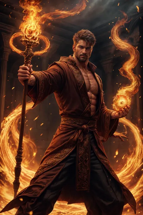 a man in a robe holding a staff and fire