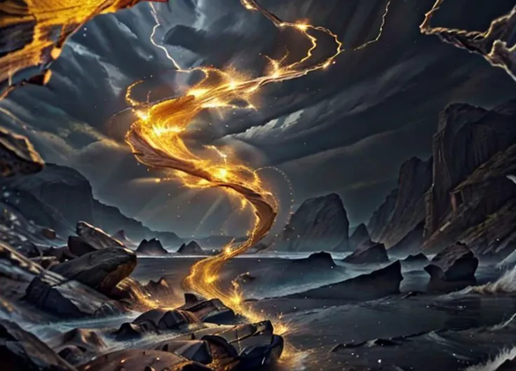 a painting of a dragon flying over a rocky area with a lightning trail