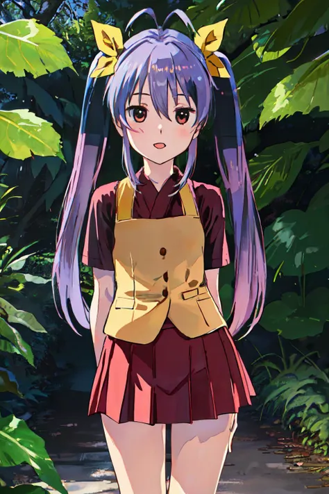 anime girl with long purple hair and a yellow vest