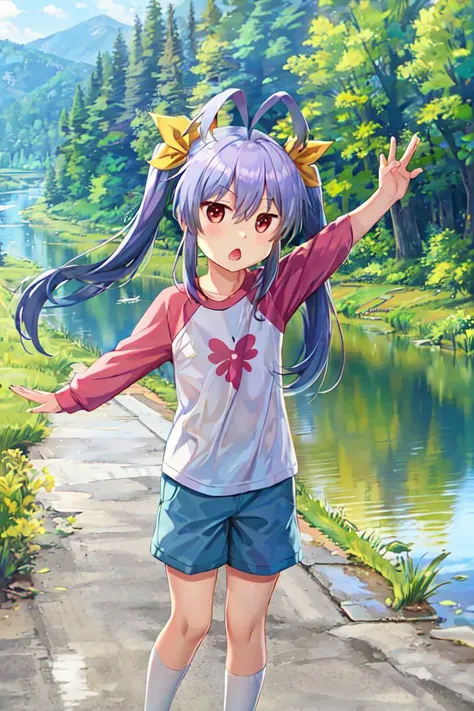 1girl,  <lyco:miyauchi renge als trigger:1.0>, miyauchi renge, shirt, hair ribbon, ribbon, shorts, outdoors, nature, river, triangle mouth