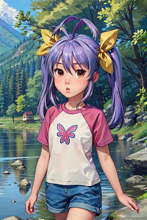 anime girl with purple hair and a pink shirt standing in front of a lake