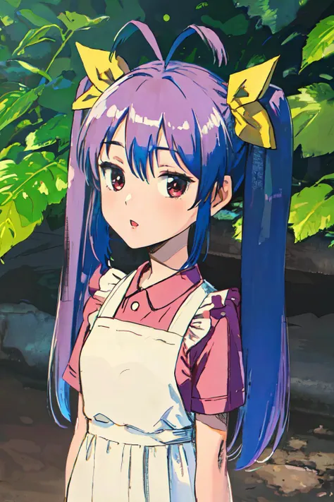 anime girl with long blue hair and a white dress standing in front of a bush