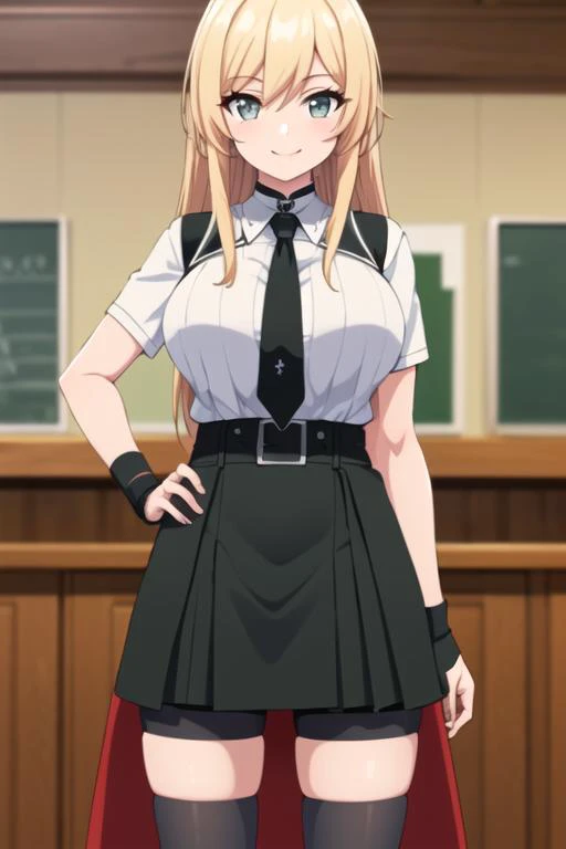 a woman in a school uniform standing in front of a desk