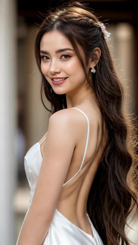 a woman with long hair wearing a white dress and a flower in her hair