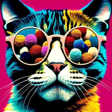 "Artistic Image Type: Digital Illustration, {A captivating image of a cat wearing glasses, with the glasses reflecting a world full of yarn balls}, Art Styles: Pop Art, Art Inspirations: Andy Warhol, Camera: Macro Lens, Shot: Close-up, Render Related Infor...