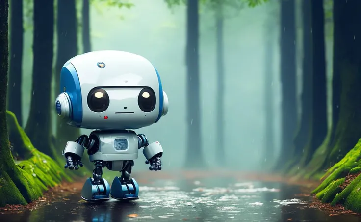 Super cute robot, cute, raining, forest, high definition, vignette,