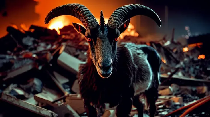 goat standing in front of a pile of rubble with a fire in the background