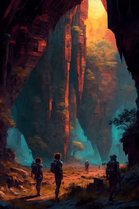 a painting of a group of people walking through a cave