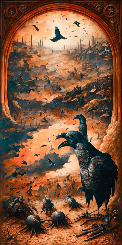 A masterpiece painting of World War 1, Barrages,Artillery, Dust storms, Whistling shells, Peculiar,Morbid, Anguish, Crows or ravens, Fresco, Framing, Simultaneous contrast, ultra detailed, intricate, surrealism, glazing, dry brush, oil on canvas