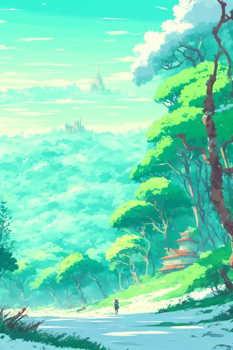 dense forest, mixed forest and valley with a castle on top of the hill in winter, by makoto shinkai, thomas kinkade, james gilleard, very detailed, deviantart, 4k wallpaper, tropical, colorful, airy, anime illustration, trending on artstation, pixiv, digit...