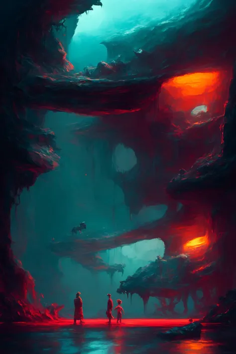 a painting of two people walking through a cave with a red light