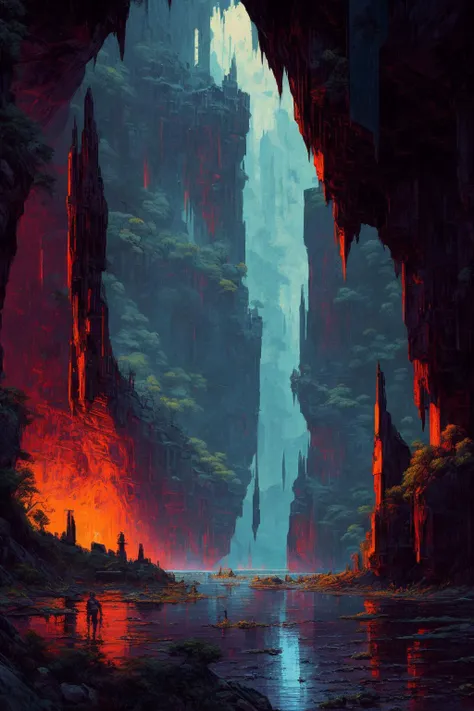 a painting of a cave with a waterfall in the middle