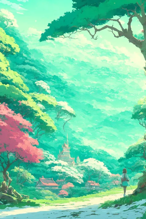 dense forest, mixed forest and valley with a castle on top of the hill in winter, by makoto shinkai, thomas kinkade, james gilleard, very detailed, deviantart, 4k wallpaper, tropical, colorful, airy, anime illustration, trending on artstation, pixiv, digit...