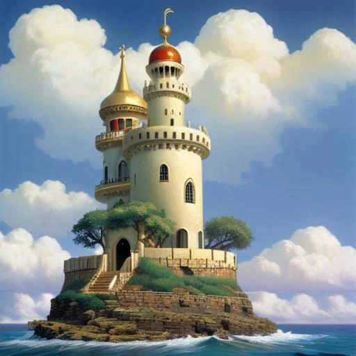 an ivory tower on an island in  the sea<lora:Sergelles_v7:0.9> segrellesstyle