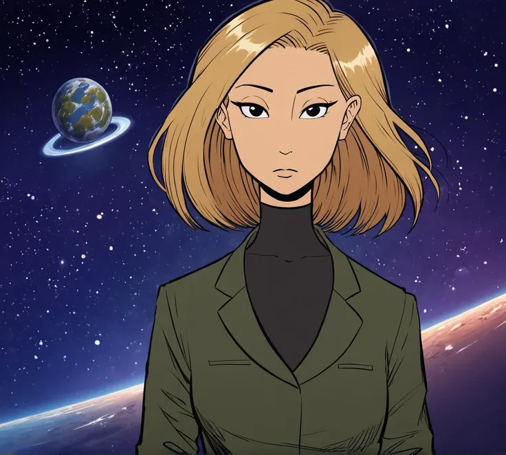 a close up of a woman in a suit standing in front of a planet