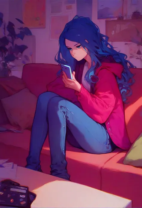 anime girl sitting on a couch looking at her phone