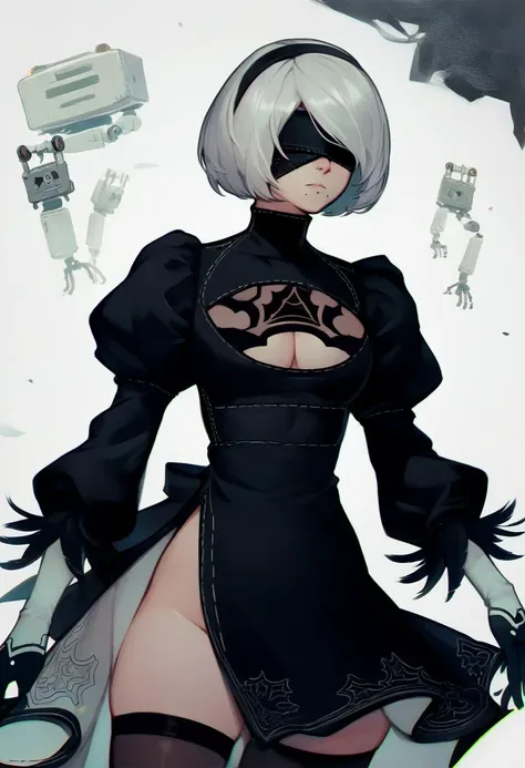 score_9, score_8_up, score_7_up, white background, solo, 1girl, 2b (nier:automata), nier:automata, expressionless, standing, blindfold, black dress, cleavage cutout, puffy sleeves, long sleeves, gloves, thighhighs <lora:style_notsorapoi_ponyXL-CAME-000017:...