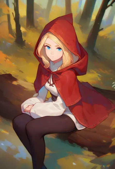 a girl in a red hoodie sitting on a log in the woods