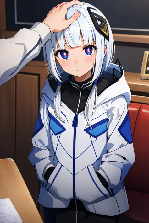 anime girl with white hair and blue eyes in a restaurant