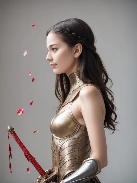 a woman in a gold dress holding a sword and petals