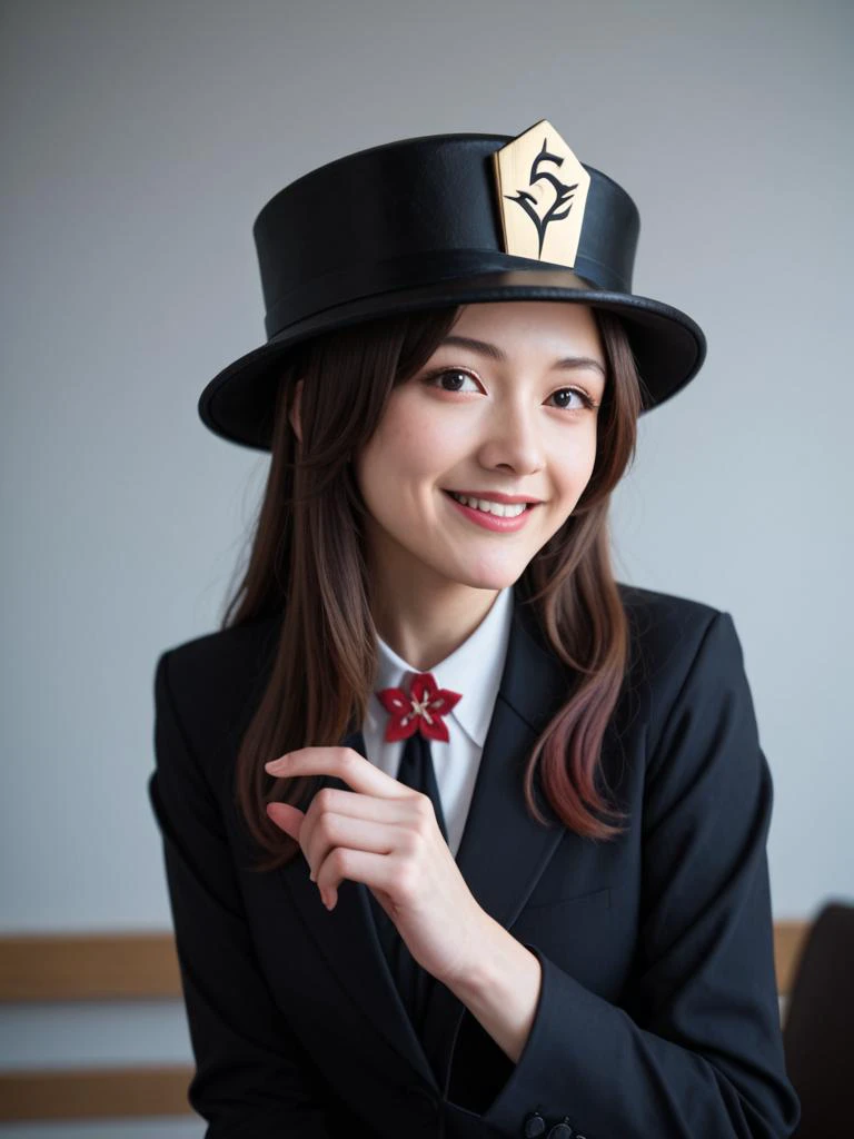 woman wearing a black hat and a red bow tie