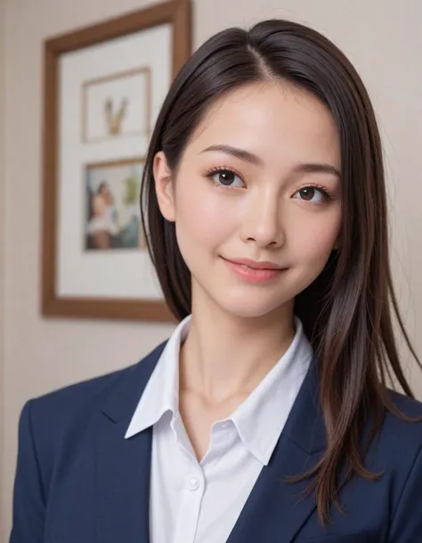 a close up of a woman in a suit posing for a picture