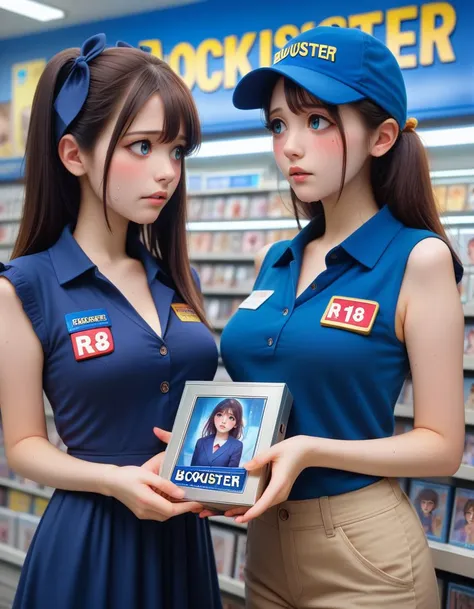 two women in uniforms holding a picture of a girl in a store