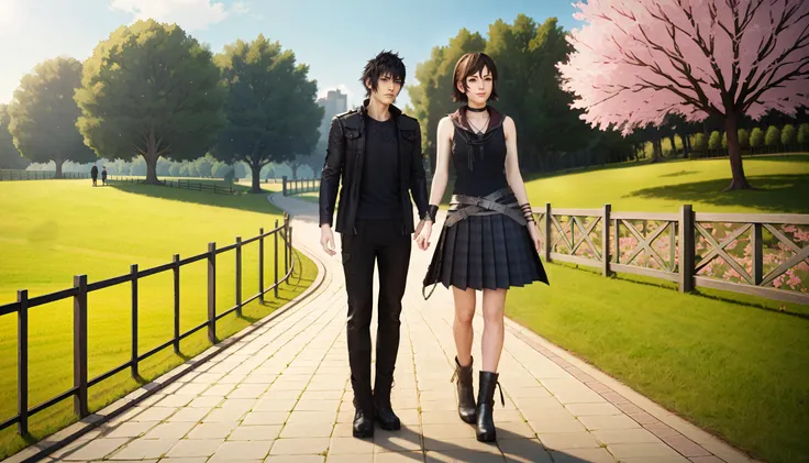 anime couple walking down a path in a park with a cherry tree in the background