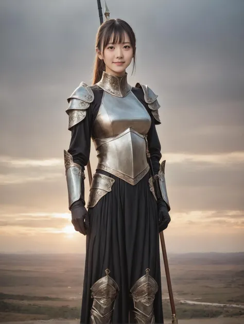 a woman in a knight costume standing on a hill with a sword