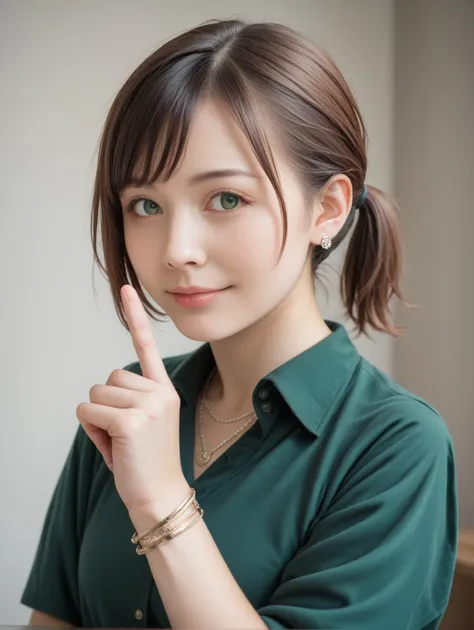 a close up of a woman with a finger up in front of a laptop