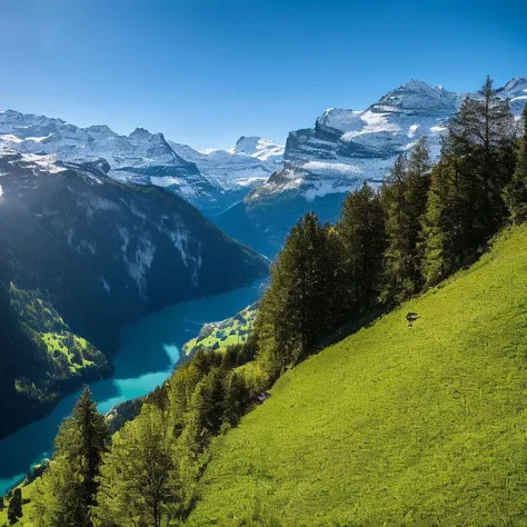 a view of a mountain range with a lake and a few trees