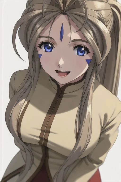 ,best quality, masterpiece, 1girl, (solo:1.1),from above,, raytracing, ultra detailed,detailed face, 8k wallpaper, (wide hips),(huge breasts:1,6) ,
smile,(open mouth:1.3), 
belldandy, long hair, blue eyes, brown hair, facial mark, forehead mark, mature fem...