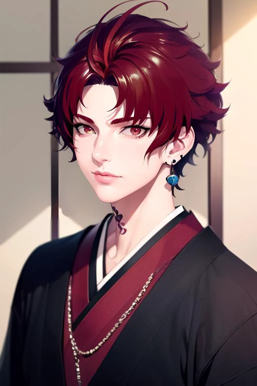 (best quality:1.1), (masterpiece:1.4), illustration, , upper body, , , (semi-realistic:1.4), 1boy, solo, male focus, <lora:allen_sugasano:0.84>, allen_sugasano, red hair, red eyes, short hair, , , earrings, , feudal japan,