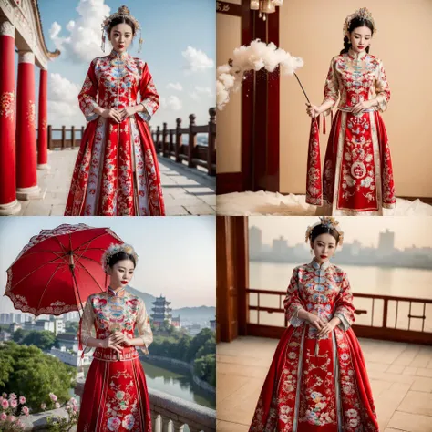 (8k, RAW photo, best quality, masterpiece:1.2), (realistic, photo-realistic:1.4), ultra-detailed, (Internet celebrity beauty),perfect detail ,  make up,(full body shot),China Jiangnan water town style, (cloud),zshs, a red and white dress with a red hat and...