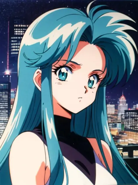 a close up of a person with long blue hair and a city in the background