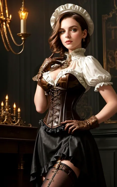 ([style of Jovana Rikalo, OverallDetail:style of Liam Wong, HairDetail SkinDetail:0.4]:1.3),  [Victorian:steampunk:0.6] setting, woman embodying a steampunk aesthetic with a Victorian twist, ((intricate corset design)), holding greasy spout oil can, steel ...