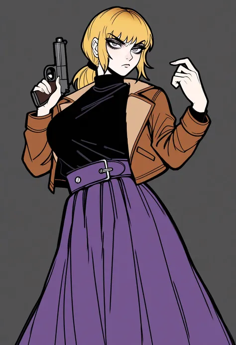 a drawing of a woman in a purple dress holding a gun