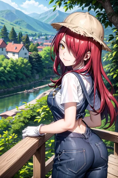 (masterpiece, best quality, detailed), 1girl, solo, Kobayashi_Rindou_Shokugeki, 1girl, solo, red hair, long hair, hair over one eye, yellow eyes, looking at viewer, 
overalls, short sleeves, white gloves, cabbie hat, white shirt, outdoors, house, rural, vi...