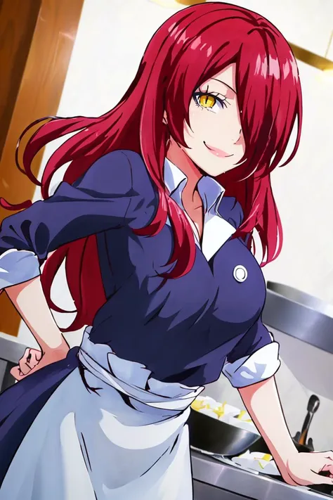 anime image of a woman in a kitchen with a pan and a stove