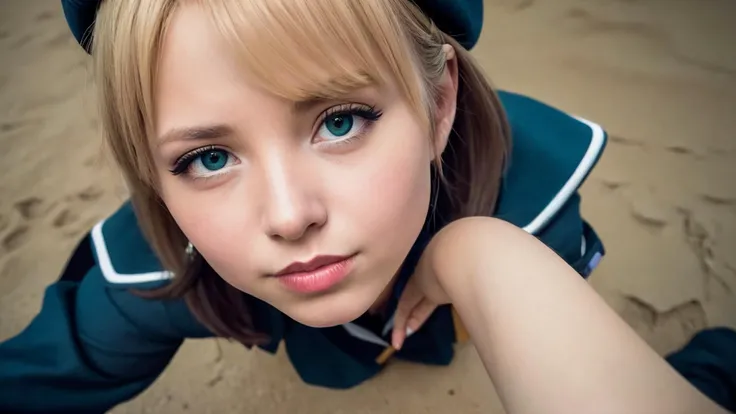 an awarded profesional photography of  1 girl  <lora:JoannaJOJOV01:1>  with teal eyes,  short hair  hair flaps blonde wear British Womens Royal Naval Service (Wrens) Uniform: Navy blue, jacket and skirt, white blouse, black necktie, navy cap, insignia   wi...