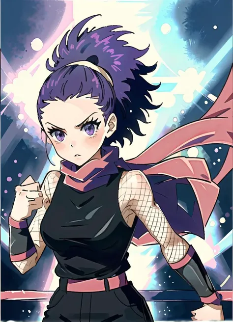 janine,1girl,in boxing ring,solo, fishnet, purple hair, scarf, ninja, scarf, hairband, belt, bracelets,masterpiece,best quality,facing viewer,closed fists,arena,detailed, <lyco:Janine-000015:1.0>