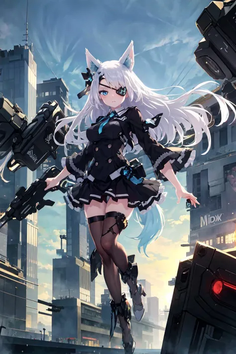 <lora:_AG_MERATHON_Sirius_LORA:0.8> AG Sirius, medium breasts, eye patch, fox ears, fox tail, blue eyes, white hair, long hair, thighhighs, hair ornament, black skirt, machinery, cityscape, equipment, floating, masterpiece, best quality, highres, <lora:Goo...