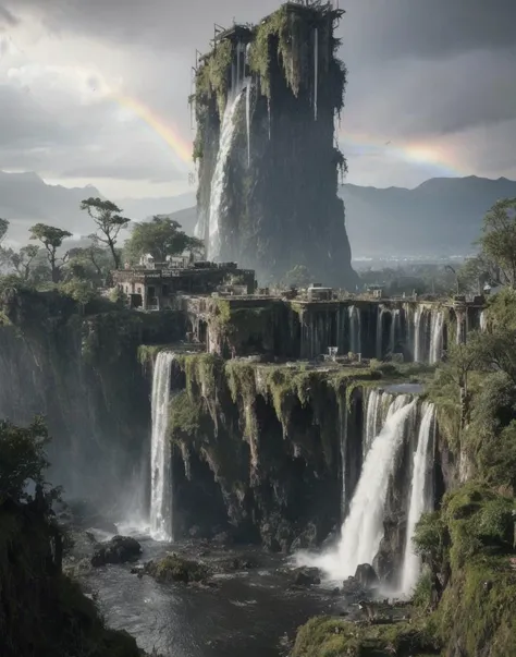 overgrown postapocalyptic ruins, birds in the sky, a rainbow, waterfall : : close shot : : 3 5 mm, realism, octane render, 8 k, exploration, cinematic, trending on artstation, realistic, 3 5 mm camera, unreal engine, hyper detailed, photo - realistic maxim...