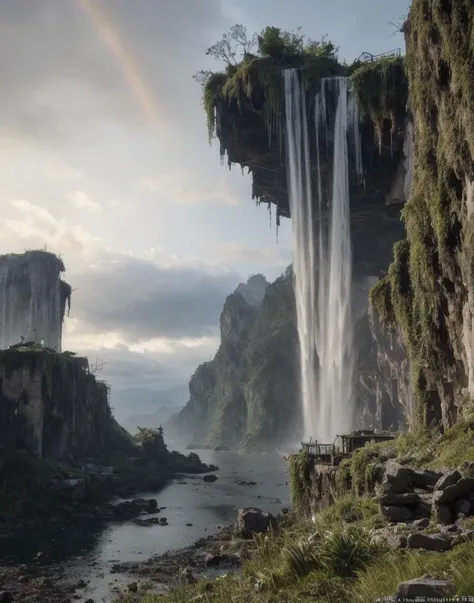 a view of a waterfall with a rainbow in the sky