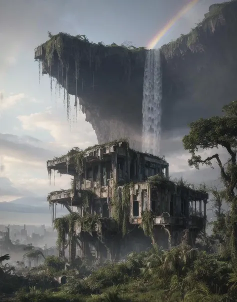 overgrown postapocalyptic ruins, birds in the sky, a rainbow, waterfall : : close shot : : 3 5 mm, realism, octane render, 8 k, exploration, cinematic, trending on artstation, realistic, 3 5 mm camera, unreal engine, hyper detailed, photo - realistic maxim...