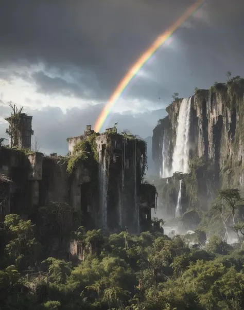 a rainbow shines over a waterfall in the jungle